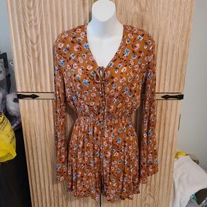 Rust Floral Long-Sleeve Tie-Front Romper